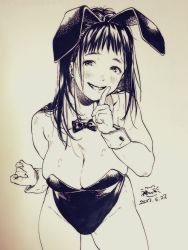 Rule 34 | animal ears, bad id, bad twitter id, black hair, bow, bowtie, breasts, cleavage, dated, detached collar, fake animal ears, finger to mouth, highres, kamiyama aya, large breasts, leaning forward, leotard, long hair, monochrome, playboy bunny, rabbit ears, shushing, solo, wrist cuffs