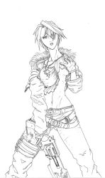 Rule 34 | 1990s (style), 1girl, belt, grabbing another&#039;s breast, covered erect nipples, female focus, final fantasy, final fantasy viii, gender request, genderswap, gloves, grabbing, greyscale, gunblade, jacket, jewelry, loose belt, monochrome, navel, necklace, grabbing own breast, solo, squall leonhart, weapon