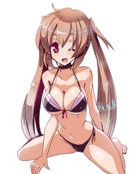 Rule 34 | 10s, 1girl, bikini, blush, breasts, brown hair, cleavage, kantai collection, light brown hair, long hair, looking at viewer, miuku (marine sapphire), murasame (kancolle), navel, one eye closed, red eyes, simple background, sitting, solo, swimsuit, twintails, wariza