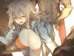 Rule 34 | 1boy, 1girl, bikini, blush, breasts, brown eyes, clothed sex, doggystyle, grey hair, hand on own ass, large breasts, long hair, nipples, one breast out, open mouth, orange bikini, original, oshiruko (tsume), sex, sex from behind, solo focus, swimsuit