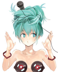 Rule 34 | 1girl, alternate hairstyle, aqua eyes, aqua hair, arms up, bad id, bad pixiv id, censored, censored nipples, hair between eyes, hair up, hatsune miku, looking away, microphone, novelty censor, nude, o3o, pui, simple background, solo, speaker, tattoo, upper body, vocaloid, white background, you&#039;re doing it wrong
