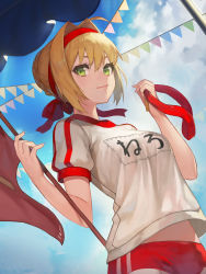 Rule 34 | 10s, 1girl, absurdres, artist name, breasts, buruma, closed mouth, clothes writing, cloud, cloudy sky, day, dutch angle, eyelashes, fate/extra, fate (series), flag, from below, green eyes, gym uniform, hair between eyes, hair intakes, hair ribbon, highres, holding, holding flag, jam (nandade), lips, looking at viewer, looking down, medal, medium breasts, name tag, nero claudius (fate), nero claudius (fate) (all), nero claudius (fate/extra), nero claudius (olympian bloomers) (fate), official alternate costume, outdoors, pennant, red ribbon, ribbon, shirt, short hair, short sleeves, sky, smile, solo, string of flags, upper body, white shirt