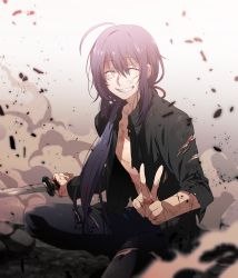 Rule 34 | 10s, 1672, 1boy, ^ ^, ahoge, anime coloring, bad id, bad pixiv id, black hair, blood, closed eyes, closed eyes, grin, male focus, namazuo toushirou, open clothes, open shirt, personification, ponytail, scar, shirt, smile, smoke, solo, squatting, sword, torn clothes, torn shirt, touken ranbu, v, weapon