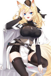 Rule 34 | 1girl, :d, animal ear fluff, animal ears, arknights, belt, black belt, black headwear, black ribbon, black thighhighs, blonde hair, blue eyes, breasts, cape, chinese commentary, commentary request, hair ribbon, horse girl, large breasts, lingshalan, long hair, long sleeves, looking at viewer, open mouth, ribbon, simple background, smile, solo, tail, thick eyebrows, thighhighs, thighs, whislash (arknights), white background, white cape