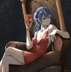 Rule 34 | 1girl, alternate costume, arm rest, blue eyes, blue hair, breasts, closed mouth, crossed legs, cup, dress, drinking glass, evening gown, hand up, highres, holding, holding cup, hololive, hoshimachi suisei, long hair, looking at viewer, phos (s phos), red dress, short dress, side ponytail, sitting, small breasts, solo, thighs, throne, virtual youtuber, wine glass