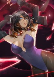 Rule 34 | 1girl, alternate costume, armpits, arms up, black hair, black pantyhose, bloodstained: ritual of the night, blue eyes, breasts, brown hair, chest tattoo, cleavage, dark background, elbow gloves, fingerless gloves, glasses, gloves, gluteal fold, ian olympia, leotard, miriam (bloodstained), multicolored hair, pantyhose, parted lips, playboy bunny, short hair, solo, strapless, strapless leotard, tattoo, two-tone hair