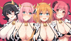 Rule 34 | 4girls, @ @, after paizuri, ahoge, animal ears, animal print, bare shoulders, bell, bikini, bikini top only, black hair, blue eyes, blush, braid, breasts, cleavage, closed mouth, collar, collarbone, cow ears, cow horns, cow print, cowbell, cum, cum on body, cum on breasts, cum on upper body, curled horns, demon horns, demon tail, elbow gloves, fang, gloves, hair between eyes, hairband, heavy breathing, horns, horosuke, illya (princess connect!), io (princess connect!), large breasts, long hair, looking at viewer, looking to the side, multiple girls, neck bell, open mouth, orange hair, pale skin, parted lips, pecorine (princess connect!), pink background, pink eyes, pink hair, princess connect!, print bikini, red eyes, short hair, side braid, simple background, slit pupils, smile, swimsuit, tail, yui (princess connect!)