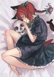 Rule 34 | 1girl, animal ears, barefoot, bed sheet, bow, braid, cat ears, cat tail, dress, green bow, green dress, hair bow, highres, kaenbyou rin, lying, multiple tails, on side, red hair, short sleeves, skull, sleeping, solo, tail, touhou, twin braids, zeikomi