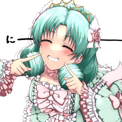 Rule 34 | 1girl, blush, bow, bow choker, bow hairband, bowtie, breasts, center frills, closed eyes, commentary request, curly hair, dress, fingersmile, flower ornament, frilled dress, frilled skirt, frilled sleeves, frills, green dress, green hair, grin, hair ornament, hairband, hands up, headpiece, highres, hitofudegaki usagi, idolmaster, idolmaster million live!, lolita fashion, long sleeves, medium breasts, medium hair, open mouth, parted bangs, pink bow, pink bowtie, pleated dress, simple background, skirt, smile, solo, square neckline, tiara, tokugawa matsuri, wide sleeves