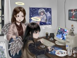 Rule 34 | 2girls, angel wings, ashtray, black hair, brown eyes, brown hair, brown sweater vest, can, chair, cigarette, commentary, computer, counter-strike (series), crumpled paper, curtains, desk, diu9you, english commentary, figure, furrowed brow, grey eyes, grey wings, haibane renmei, half-life, half-life (series), halo, hammer and sickle, highres, indoors, iwakura lain, jacket, keyboard (computer), long hair, long sleeves, medium hair, mouse (computer), mousepad (object), multiple girls, nemu (haibane), office chair, open clothes, open jacket, open mouth, os-tan, paint, paintbrush, painting (object), palette (object), paper, pink jacket, playing games, poster (object), rakka (haibane), reki (haibane), serial experiments lain, smoking, speaker, star (symbol), sticker, straight hair, sweater vest, swivel chair, tape, window, wings, xp-tan