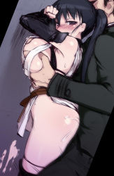 Rule 34 | 1boy, 1girl, ass, black eyes, black hair, blush, breasts, chikan, clothed sex, cum, grabbing, grabbing another&#039;s breast, grabbing from behind, hetero, kitagou fumika, large breasts, long hair, looking at viewer, molestation, nipples, null (nyanpyoun), ponytail, public indecency, sex, sideboob, sketch, strike witches, strike witches zero, tears, vaginal, world witches series