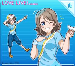 Rule 34 | 1girl, :d, blue background, blue eyes, blue pants, blue shirt, brown hair, character name, copyright name, full body, grin, index finger raised, looking at viewer, love live!, love live! sunshine!!, medium hair, one eye closed, open mouth, outstretched arm, pants, shirt, short sleeves, smile, solo, straight hair, striped background, t-shirt, twitter username, upper body, watanabe you, wristband, yellow footwear, yumechiku