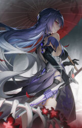 Rule 34 | 1girl, absurdres, acheron (honkai: star rail), bare shoulders, black choker, black gloves, choker, closed mouth, commentary request, cowboy shot, dress, from side, gloves, gradient hair, grey hair, highres, holding, holding sword, holding umbrella, holding weapon, honkai: star rail, honkai (series), long hair, looking at viewer, madao, multicolored hair, purple dress, purple hair, red eyes, red umbrella, sideways glance, single bare shoulder, skeleton, solo, sword, umbrella, very long hair, weapon