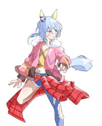 Rule 34 | 1girl, absurdres, animal ears, asymmetrical clothes, blue eyes, blue hair, blush, closed mouth, clothes around waist, cosplay, denim, highres, horse ears, horse girl, horse tail, jacket, jeans, k.s.miracle (umamusume), long sleeves, looking to the side, medium hair, midriff, narita taishin (umamusume), narita taishin (umamusume) (cosplay), navel, open clothes, open jacket, pants, pink jacket, power (mintlove2020), shirt, single pantsleg, solo, standing, standing on one leg, tail, torn clothes, torn jeans, torn pants, umamusume, white background, yellow shirt