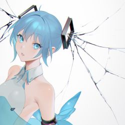 Rule 34 | 1girl, alternate hair length, alternate hairstyle, armlet, bare shoulders, blue eyes, blue hair, flat chest, hatsune miku, highres, looking at viewer, ohisashiburi, parted lips, shatter, short hair, simple background, solo, upper body, vocaloid, white background, wing collar