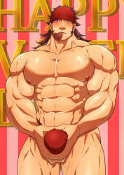 Rule 34 | 1boy, abs, bandana, bara, blush, bulge, cowboy shot, crotch grab, food in mouth, fundoshi, fundoshi day, happy valentine, highres, japanese clothes, karakuraax, large pectorals, looking at viewer, male focus, male underwear, mature male, medium hair, mouth hold, muscular, muscular male, navel, nipples, original, pectorals, red fundoshi, red headwear, red male underwear, sideburns, solo, stomach, thick thighs, thighs, underwear, underwear only, valentine