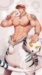 Rule 34 | 1boy, abs, animal costume, animal print, bulge, clothes pull, cup, erection, erection under clothes, headset, highres, holding, holding cup, large pectorals, male focus, male pubic hair, meisho hanten, muscular, muscular male, navel, nipple piercing, nipples, orange eyes, original, parted lips, pectorals, penis, penis peek, piercing, pubic hair, short hair, solo, sweat, sweatdrop, tiger costume, tiger print, tiger stripes, translation request, visor cap, white hair, wristband