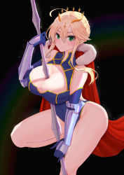 Rule 34 | 1girl, ahoge, artoria pendragon (fate), artoria pendragon (lancer) (fate), between breasts, blonde hair, blue gloves, bracer, braid, breasts, cape, cleavage, cleavage cutout, cloak, clothing cutout, cross, crown, elbow gloves, fate/grand order, fate (series), french braid, fur-trimmed cloak, fur trim, gloves, gold trim, green eyes, highres, huge breasts, large breasts, looking at viewer, mixed-language commentary, navel, pao mian+dan, polearm, red cape, rhongomyniad (fate), short hair with long locks, sidelocks, solo, spear, star (symbol), starry background, thighs, weapon