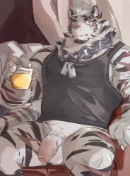 Rule 34 | 1boy, absurdres, animal ears, arknights, bara, black tank top, chain necklace, cup, dog tags, drinking glass, flaccid, foreskin, furry, furry male, highres, iwano kal, large pectorals, looking at viewer, male focus, mountain (arknights), muscular, muscular male, naked shirt, necklace, pectorals, penis, scar, scar across eye, scar on arm, scar on face, scar on leg, shirt, short hair, sidepec, sitting, solo, tank top, tiger boy, tiger ears, uncensored, veins, veiny penis, white fur, white hair, wine glass
