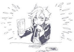 Rule 34 | 1girl, beer mug, chopsticks, closed mouth, cup, ear piercing, greyscale, highres, holding, holding cup, jacket, leo (reiga), long sleeves, looking at viewer, monochrome, mug, open clothes, open jacket, original, piercing, plate, reiga (act000), short hair, simple background, smile, solo, white background