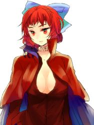 Rule 34 | 1girl, bad id, bad twitter id, bow, breasts, cape, cleavage, female focus, hair bow, large breasts, red eyes, red hair, sekibanki, sharp teeth, short hair, solo, stitched, stitches, teeth, third-party edit, touhou, towako (10wk0), unbuttoned