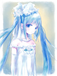 Rule 34 | 1girl, aqua eyes, aqua hair, bare shoulders, dress, elbow gloves, gloves, hatsune miku, headdress, highres, jewelry, kowiru, long hair, looking at viewer, matching hair/eyes, necklace, solo, standing, twintails, vocaloid, wedding dress, white dress