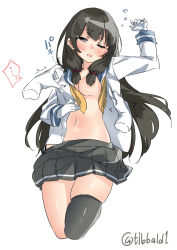 Rule 34 | ..., 10s, 1girl, arm up, black hair, black skirt, black thighhighs, blush, breasts, brown eyes, cowboy shot, cropped legs, drooling, ebifurya, gloves, hair censor, hair over breasts, hand on own stomach, highres, isokaze (kancolle), kantai collection, long hair, long sleeves, medium breasts, navel, no bra, one eye closed, open clothes, open mouth, pleated skirt, school uniform, serafuku, sidelocks, simple background, single thighhigh, skirt, solo focus, spoken ellipsis, thighhighs, trembling, twitter username, undressing, waking up, white background, white gloves