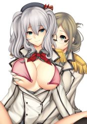 Rule 34 | 10s, 2girls, blue eyes, bra, grabbing another&#039;s breast, breasts, brown hair, epaulettes, folded ponytail, glasses, grabbing, green eyes, hair between eyes, highres, kantai collection, kashima (kancolle), katori (kancolle), large breasts, looking at another, military, military uniform, miniskirt, multiple girls, open clothes, parted bangs, pink bra, pointer, riding crop, silver hair, sitting, skindentation, skirt, spread legs, tony guisado, underwear, uniform, yuri