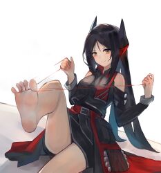 Rule 34 | 1girl, absurdres, arknights, bare legs, barefoot, between toes, black hair, feet, foot focus, foot out of frame, foot up, highres, ines (arknights), long hair, looking at viewer, simple background, smile, soles, solo, sorps, spread toes, string, toes