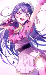 Rule 34 | 1girl, arm up, armpits, belt, black belt, blush, commentary, dress, earrings, eyelashes, frills, gloves, gradient background, hair between eyes, hair ornament, hair ribbon, hands up, heart, highres, holding, holding microphone, hoshino ai (oshi no ko), idol, index finger raised, jewelry, long hair, looking at viewer, microphone, multicolored eyes, music, open mouth, oshi no ko, pink background, pink dress, pink eyes, pink gloves, pink ribbon, pink thighhighs, purple eyes, purple hair, rabbit hair ornament, ribbon, satsuki (satsuki art), simple background, singing, sleeveless, sleeveless dress, smile, solo, sparkle, standing, star-shaped pupils, star (symbol), star print, symbol-shaped pupils, teeth, thighhighs, tongue, turtleneck, turtleneck dress, v-shaped eyebrows, white background
