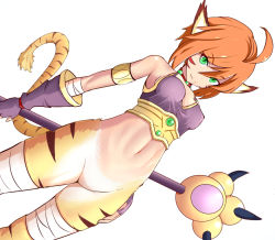 Rule 34 | 1girl, antenna hair, armlet, bandages, bottomless, breath of fire, breath of fire ii, dutch angle, facial mark, female focus, fingerless gloves, gloves, green eyes, holding, holding staff, holding weapon, jewelry, monster girl, mu (mu r321), navel, neck ring, orange hair, rinpoo chuan, slit pupils, solo, staff, tail, tiger tail, weapon