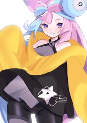 Rule 34 | 1girl, aqua hair, bike shorts, breasts, commentary request, cowboy shot, creatures (company), eyelashes, game freak, grey shirt, grin, hand up, highres, iono (pokemon), jacket, long hair, medium breasts, multicolored hair, nintendo, pink hair, pokemon, pokemon sv, purple eyes, shirt, simple background, sleeveless, sleeveless shirt, sleeves past fingers, sleeves past wrists, smile, solo, teeth, two-tone hair, ukocome, white background, yellow jacket