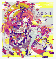 Rule 34 | 1girl, 2021, absurdres, blush stickers, bow, brown eyes, brown hair, detached sleeves, english text, floral print, frilled kimono, frilled sleeves, frilled thighhighs, frills, hair bow, hair ribbon, happy new year, highres, invisible chair, japanese clothes, kimono, long hair, long sleeves, new year, no nose, open mouth, original, pale skin, ribbon, ribbon-trimmed sleeves, ribbon-trimmed thighhighs, ribbon trim, sandals, short kimono, sitting, smile, solo, thighhighs, twintails, usagi nui, white kimono, white sleeves, white thighhighs