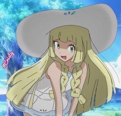 Rule 34 | 1girl, :d, bare arms, bare shoulders, blonde hair, blue sky, blunt bangs, braid, collarbone, creatures (company), cristy, day, dress, game freak, green eyes, hat, leaning forward, lillie (pokemon), long hair, nintendo, open mouth, outdoors, pokemon, pokemon (anime), pokemon sm, pokemon sm (anime), sky, sleeveless, sleeveless dress, smile, solo, tree, twin braids, white dress, white hat