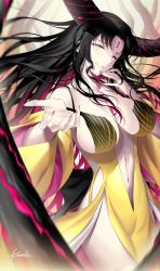 Rule 34 | 1girl, bare shoulders, black hair, breasts, center opening, chest tattoo, dress, facial mark, fate/extra, fate/extra ccc, fate/grand order, fate (series), forehead mark, horns, kousaki rui, large breasts, long hair, looking at viewer, nail polish, navel, parted bangs, revealing clothes, sessyoin kiara, sessyoin kiara (beast iii/r), smile, solo, tattoo, two-tone dress, wavy hair, white dress, yellow dress, yellow eyes