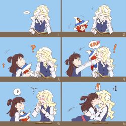 Rule 34 | !, !!, ..., 10s, 2girls, 6koma, :p, :x, ?, blonde hair, blush, book, brown hair, character doll, comic, diana cavendish, dlanon, doll, grin, hat, kagari atsuko, kiss, little witch academia, long hair, long sleeves, looking at another, multiple girls, numbered panels, object kiss, one side up, open book, open mouth, reading, red hair, school uniform, shiny chariot, silent comic, smile, spoken ellipsis, surprised, tongue, tongue out, yuri