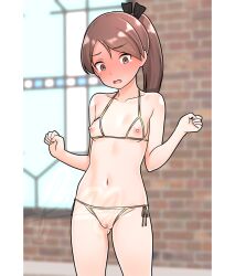 1girl bikini black_bow blush bow breasts brick_wall brown_eyes brown_hair censored collarbone commentary_request cowboy_shot crotchless crotchless_bikini cupless_bikini embarrassed full-face_blush furaggu_(frag_0416) gluteal_fold gold_bikini hair_bow halterneck highres indoors kantai_collection long_hair looking_down navel nipples open_mouth parted_bangs peanut_mouth petite ponytail pussy shikinami_(kancolle) side-tie_bikini_bottom small_breasts solo standing stomach string_bikini swimsuit tearing_up watermark wide-eyed window