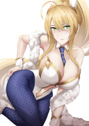 Rule 34 | 1girl, absurdres, ahoge, animal ears, artoria pendragon (all), artoria pendragon (fate), artoria pendragon (swimsuit ruler) (fate), arturaxia, bare shoulders, blonde hair, blue pantyhose, blush, braid, breasts, cleavage, clothing cutout, detached collar, fate/grand order, fate (series), feather boa, fishnet pantyhose, fishnets, french braid, green eyes, hair between eyes, highleg, highleg leotard, highres, large breasts, leotard, long hair, looking at viewer, navel, navel cutout, necktie, pantyhose, playboy bunny, ponytail, rabbit ears, sidelocks, smile, solo, thighs, tiara, white leotard, wrist cuffs