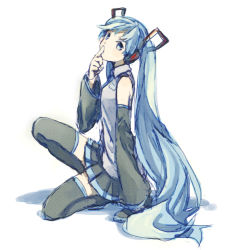 Rule 34 | 1girl, bad id, bad pixiv id, blue eyes, blue hair, expressionless, finger to mouth, full body, hatsune miku, head tilt, iko (i-my-16), long hair, looking at viewer, matching hair/eyes, shirt, sitting, skirt, sleeveless, sleeveless shirt, solo, twintails, very long hair, vocaloid