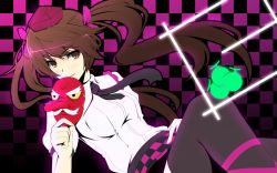 Rule 34 | 1girl, black thighhighs, brown eyes, brown hair, checkered background, checkered clothes, checkered skirt, female focus, gayprince, gradient background, hat, highres, himekaidou hatate, mask, skirt, solo, tengu mask, thighhighs, tokin hat, touhou, twintails