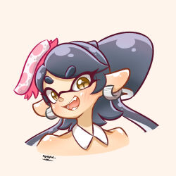 Rule 34 | 1girl, artist name, asafiy, bare shoulders, black hair, blush, callie (splatoon), collar, commentary request, detached collar, earrings, food, food on head, highres, hoop earrings, inkling, jewelry, long hair, nintendo, object on head, open mouth, parted bangs, simple background, smile, solo, splatoon (series), splatoon 1, star-shaped pupils, star (symbol), sushi, symbol-shaped pupils, teeth, tentacle hair, upper body, white background, white collar, yellow eyes