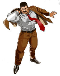 Rule 34 | 1boy, arm out of sleeve, belt, black eyes, black footwear, black hair, brown pants, brown suit, capcom, dressing, facial hair, final fight, formal, full body, long sleeves, looking at viewer, male focus, mike haggar, muscular, mustache, necktie, pants, red necktie, shirt, shoes, simple background, solo, standing, suit, taka (takahirokun), white background, white shirt