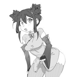 Rule 34 | 1girl, ass, bow, breasts, chinese clothes, clothes lift, detached sleeves, dress, dress lift, fingerless gloves, gloves, gradient sleeves, gs16 (chug), hair between eyes, hair bun, highres, jourjii, looking at viewer, medium breasts, monochrome, open mouth, original, short hair, skindentation, solo, striped clothes, striped thighhighs, thick thighs, thighhighs, thighs