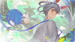 Rule 34 | 1girl, alternate hairstyle, animal ears, artist name, blue hair, brown eyes, chinese clothes, chinese new year, clip studio paint (medium), cloud, commentary, dated, drowzzi, earrings, english commentary, flower, hair flower, hair ornament, highres, hololive, jewelry, long hair, looking at viewer, looking back, petals, rabbit, rabbit ears, rabbit girl, smile, usada pekora, virtual youtuber, white rabbit (animal)