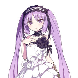 Rule 34 | 1girl, :o, bare shoulders, blush, chan co, choker, dress, fate/grand order, fate/hollow ataraxia, fate (series), frilled dress, frills, hairband, jewelry, lolita hairband, long hair, looking at viewer, necklace, open mouth, parted bangs, pearl necklace, purple eyes, purple hair, simple background, solo, standing, stheno (fate), twintails, very long hair, white background, white dress