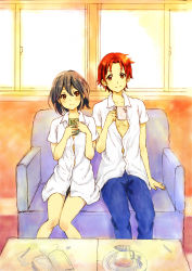 Rule 34 | 10s, 1boy, 1girl, absurdres, black hair, blue upholstery, brown eyes, brown hair, cocoroten, coffee, couch, couple, cup, dress shirt, hair between eyes, hetero, highres, inaba himeko, indoors, kokoro connect, letter, looking at another, no pants, open clothes, open shirt, panties, pen, shirt, sitting, table, underwear, white shirt, window, yaegashi taichi