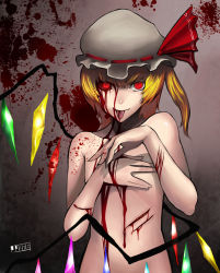 Rule 34 | 1girl, :p, bad id, bad pixiv id, blonde hair, blood, blood on face, blood splatter, bloodshot eyes, colored sclera, creepy, cuts, deep wound, embodiment of scarlet devil, female focus, flandre scarlet, hat, highres, horror (theme), injury, jjune, nude, red eyes, red sclera, solo, tongue, tongue out, touhou, upper body, wings