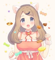 Rule 34 | 1girl, alternate costume, animal ears, bat hair ornament, blush, brown hair, candy wrapper, collarbone, commentary, creatures (company), dress, eyelashes, game freak, grey eyes, hair ornament, heart, highres, long hair, looking at viewer, nasakixoc, nintendo, open mouth, paw pose, pokemon, pokemon xy, serena (pokemon), sleeveless, sleeveless dress, solo, star (symbol), symbol-only commentary, teeth, tongue, upper teeth only