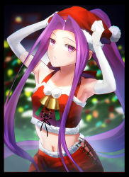 Rule 34 | 1girl, armpits, arms behind head, arms up, bare shoulders, breasts, collarbone, elbow gloves, fate/grand order, fate (series), forehead, fur-trimmed headwear, fur trim, gloves, hat, long hair, looking at viewer, medusa (fate), medusa (lancer) (fate), medusa (rider) (fate), midriff, minami koyogi, navel, parted bangs, ponytail, purple eyes, purple hair, red skirt, rider, santa costume, santa hat, sidelocks, skirt, small breasts, square pupils, very long hair, white gloves