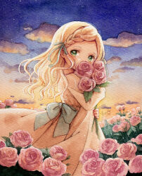 Rule 34 | 1girl, aqua bow, aqua ribbon, blonde hair, blue sky, bow, braid, cloud, commentary, covered mouth, dress, dress bow, english commentary, evening, field, flower, flower field, gradient sky, green eyes, hair ribbon, holding, holding flower, leaf, long hair, looking to the side, mixed-language commentary, hugging object, orange sky, original, outdoors, painting (medium), pink flower, pink rose, plant, ribbon, rose, sakano machi, signature, sky, solo, tearing up, tears, traditional media, turning head, twilight, watercolor (medium), wavy hair, white dress, wind
